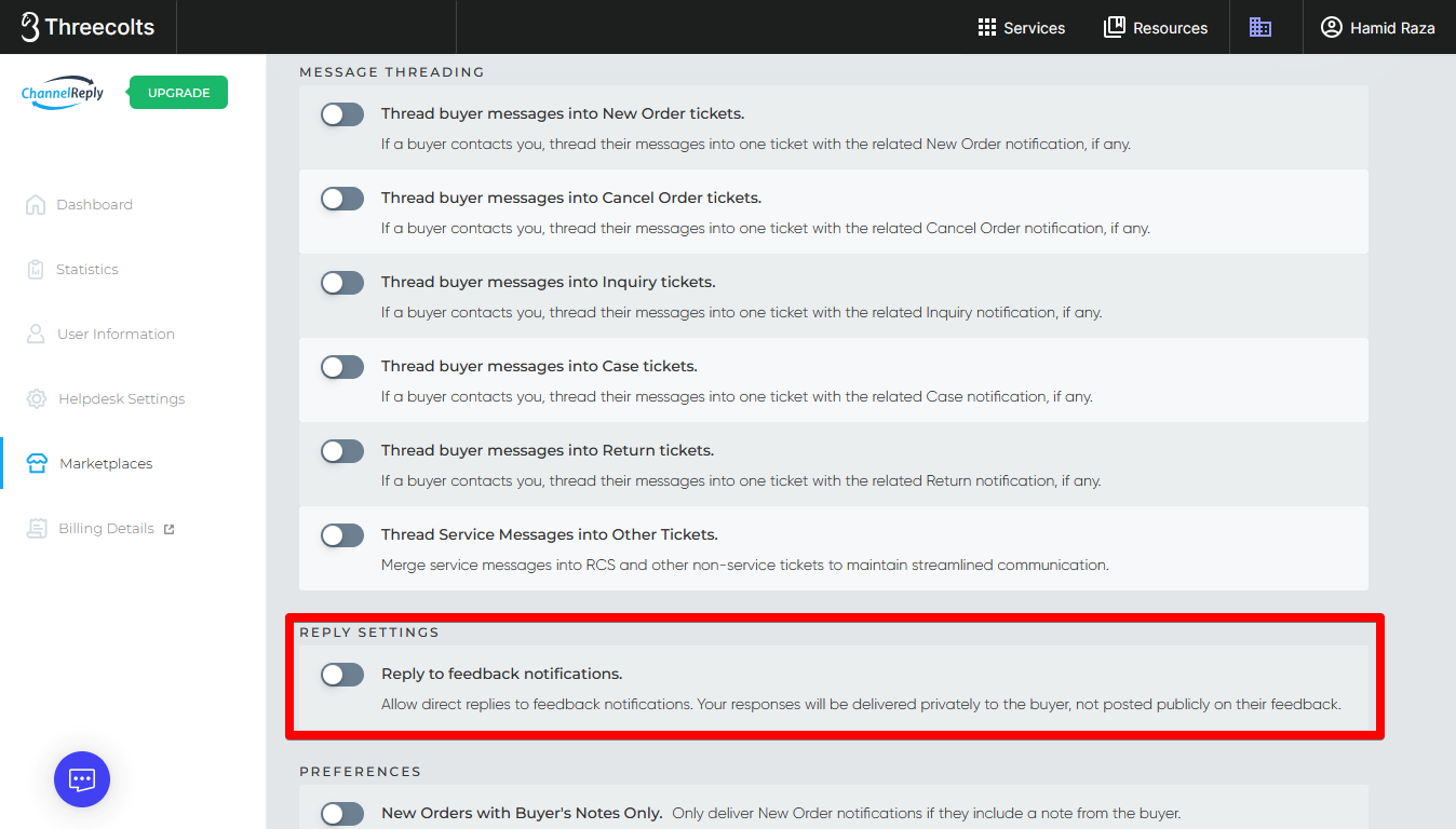 eBay Reply To Settings in ChannelReply