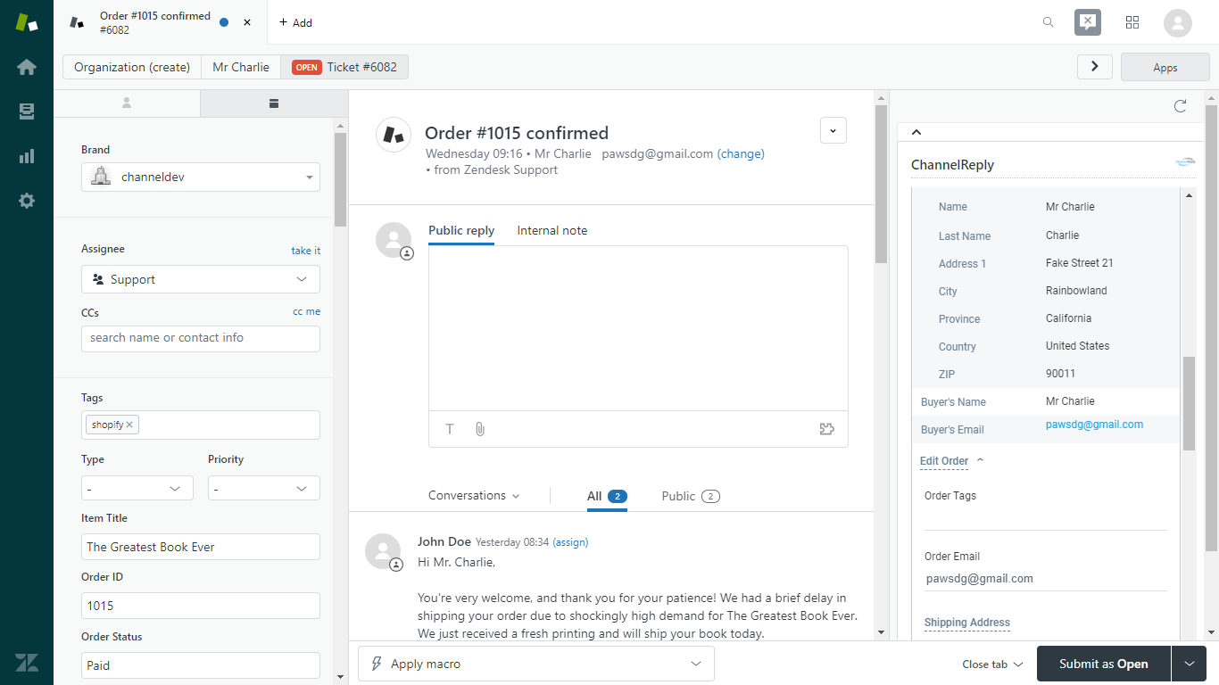 View Shipping Address and Edit Shopify Order in Zendesk