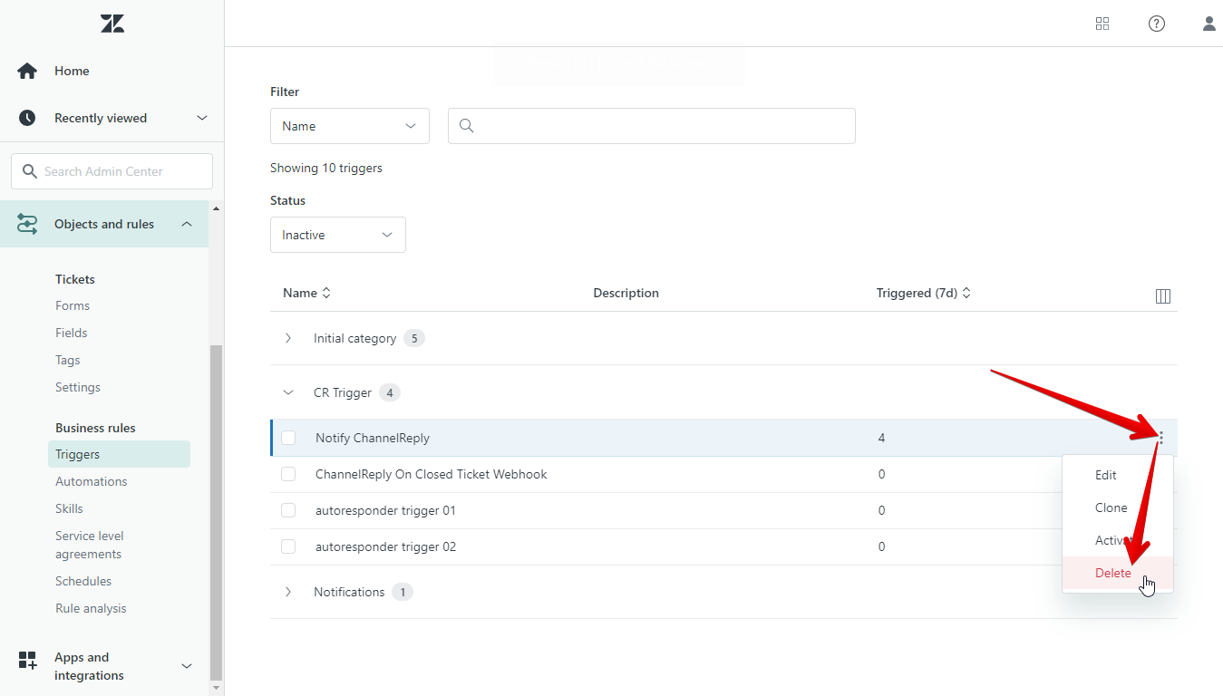 Zendesk Admin Center with one arrow pointing towards "Inactive," the other towards "Notify ChannelReply," and the third towards the three dots. 