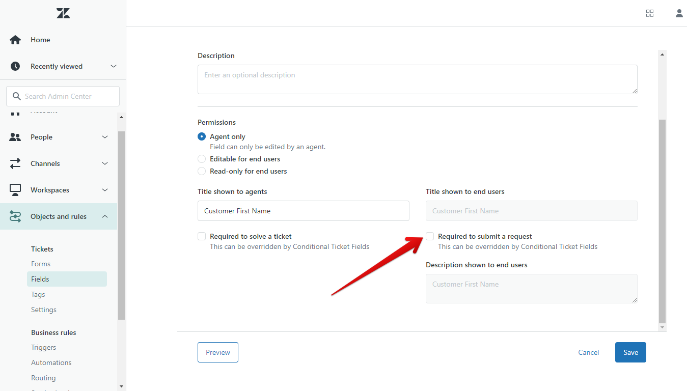 "Required to submit a request" option turned off for a specific ticket field