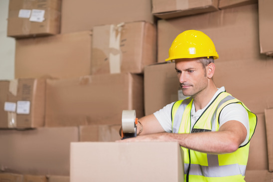 Warehouse Worker Packing a Box for Delivery