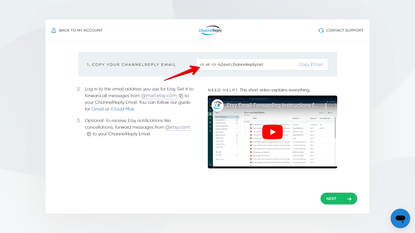 ChannelReply Email at the top of the new screen