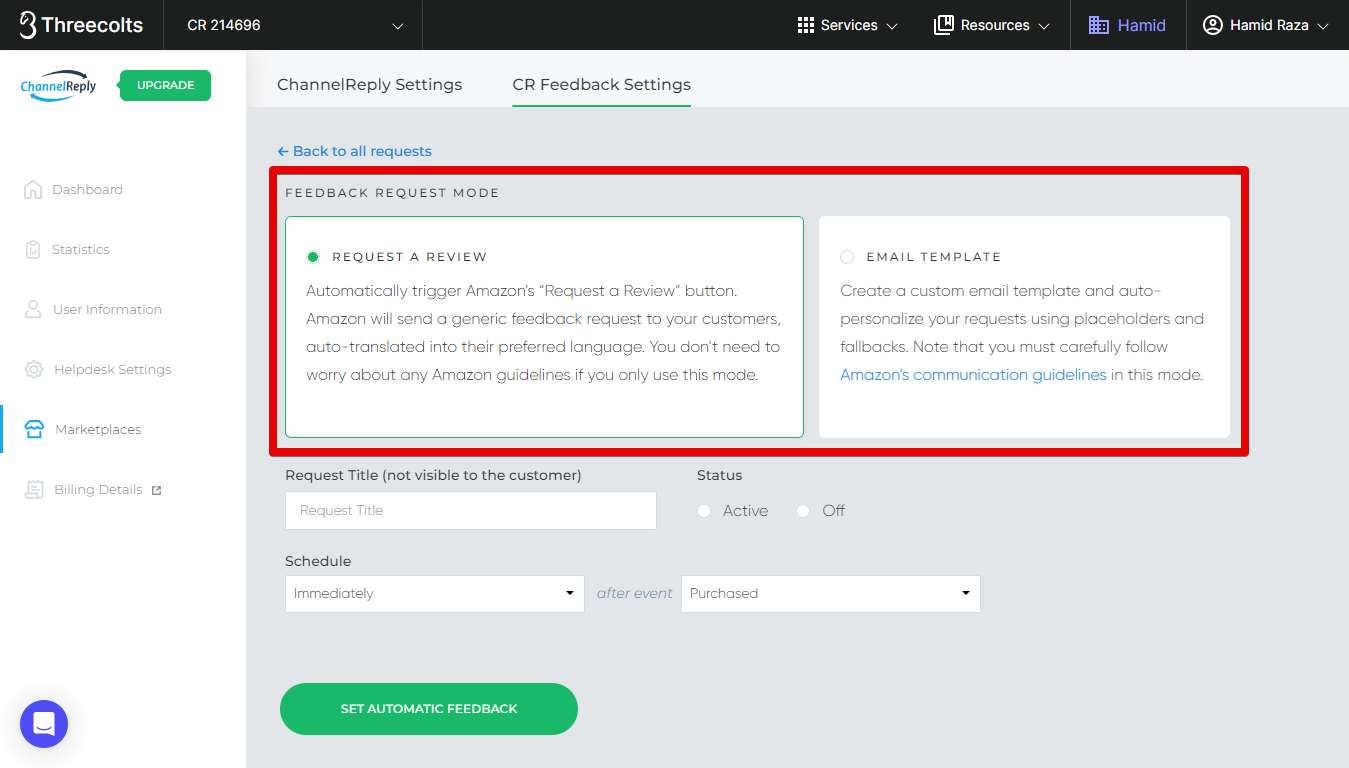 Request a Review mode and Email Template mode for Amazon feedback requests