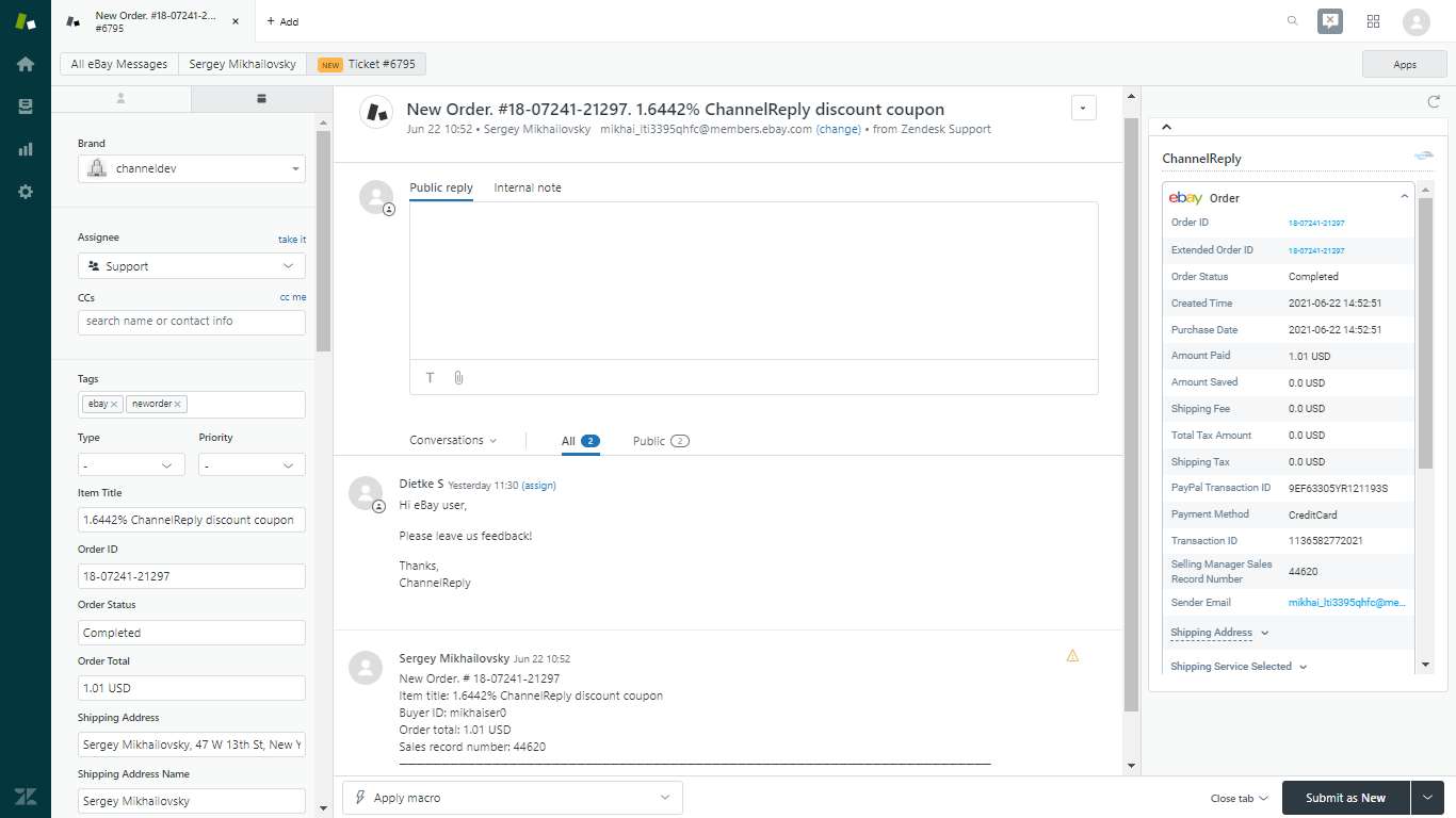 New Order Ticket in Zendesk