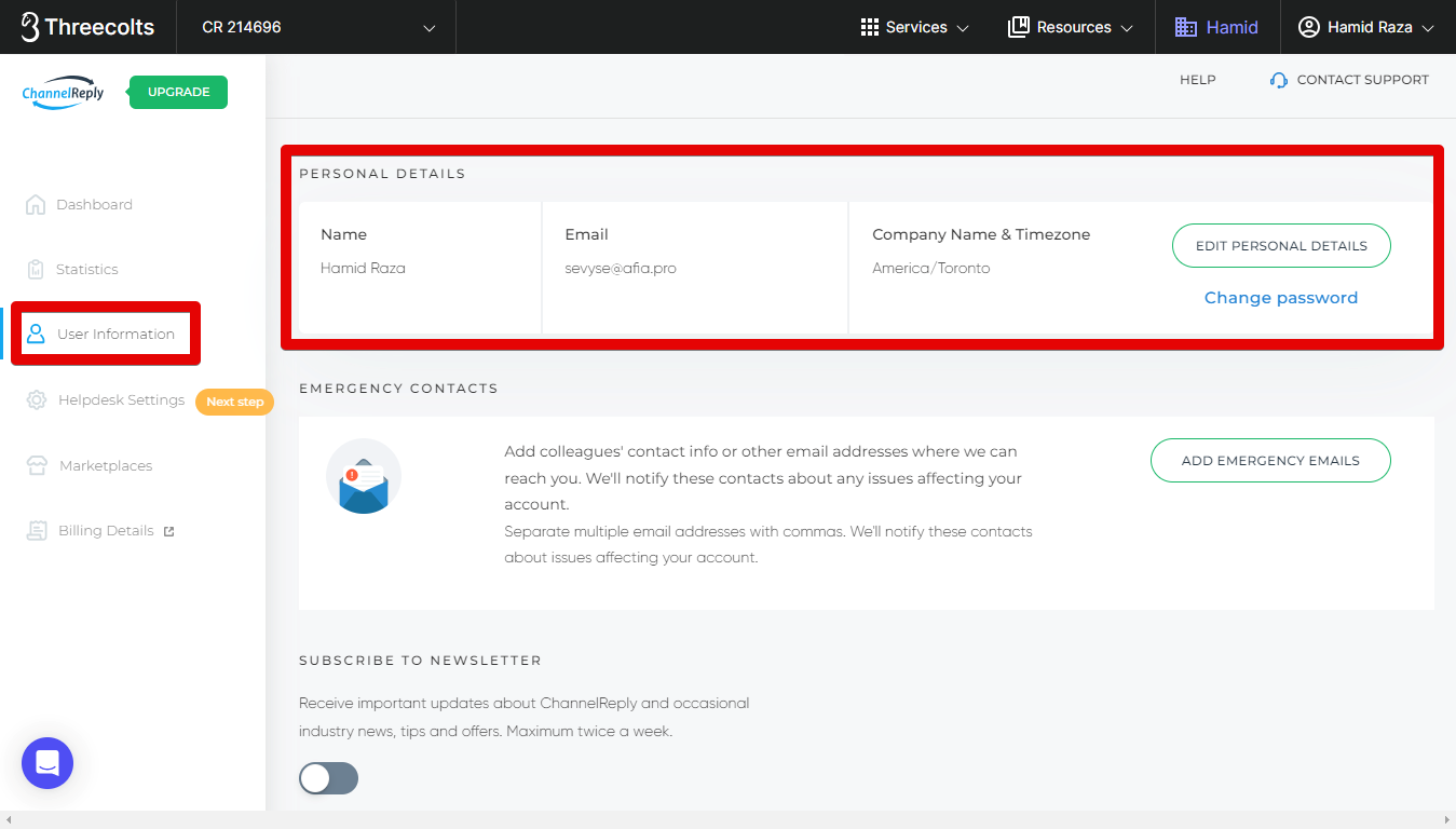 Personal Details under User Information