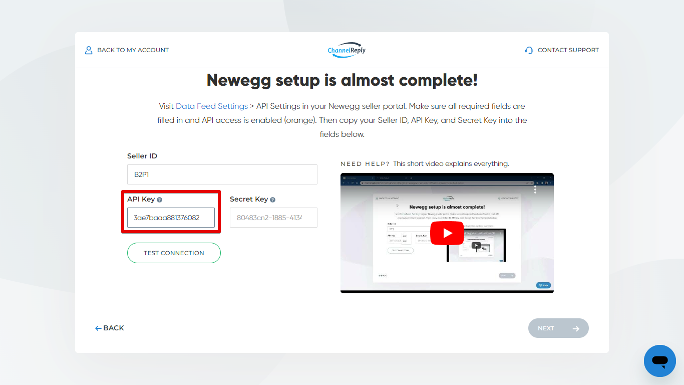 Default API Key entered in ChannelReply