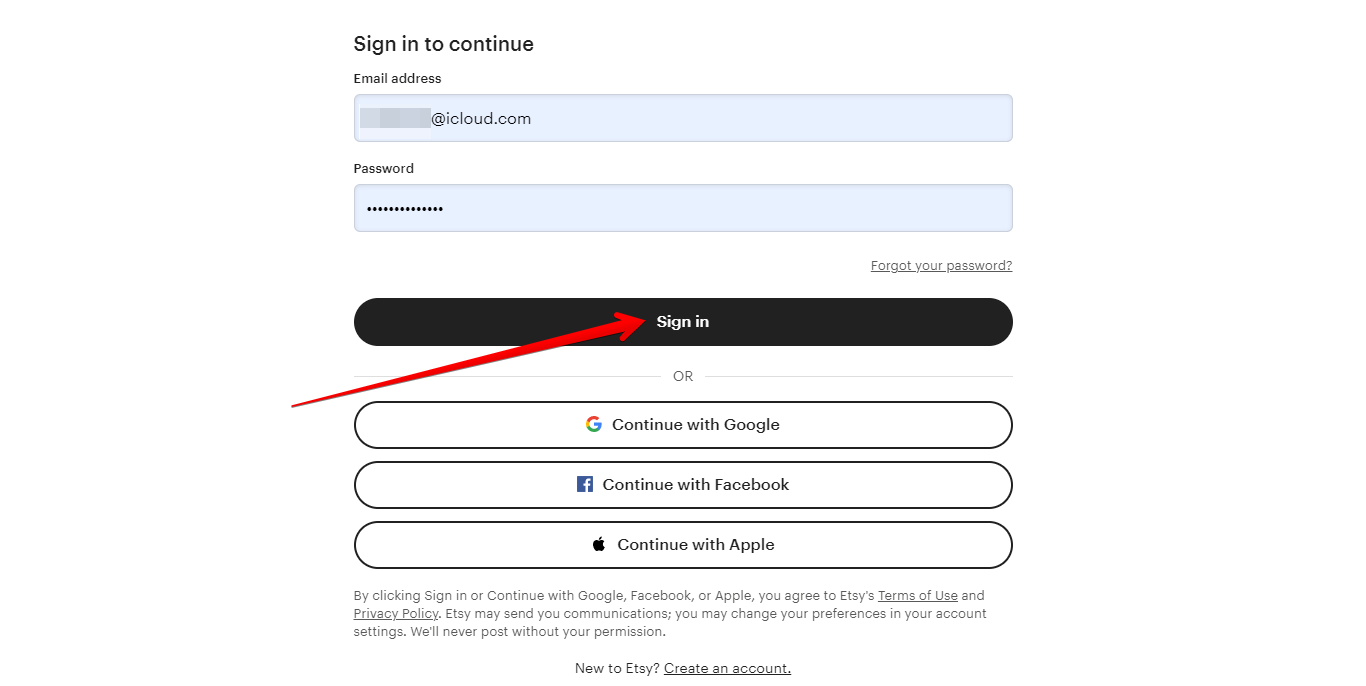 Etsy login page