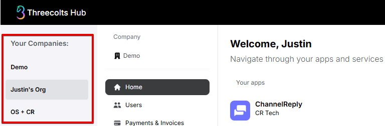 Your Companies list in Threecolts Hub and ChannelReply under Your Apps