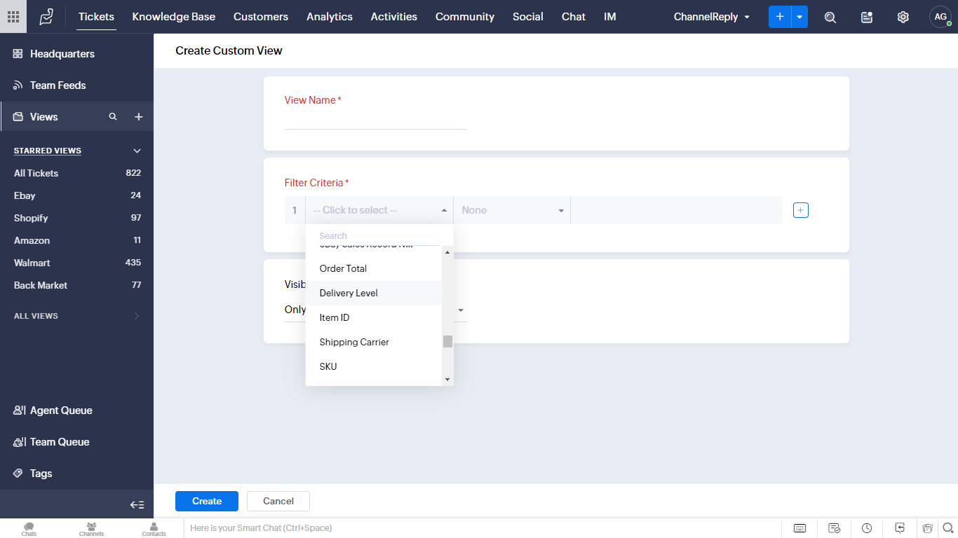 Custom fields in the Select Filter Criteria dropdown for Zoho views