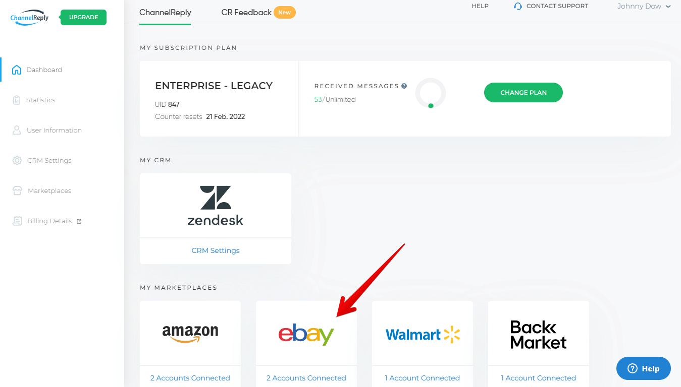 eBay on the ChannelReply Dashboard