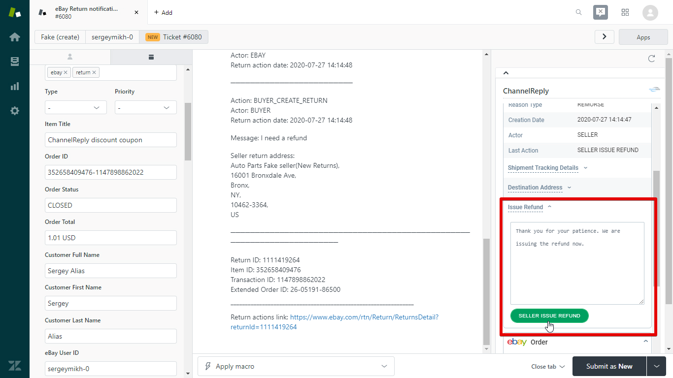 Refunding an eBay Return in Zendesk
