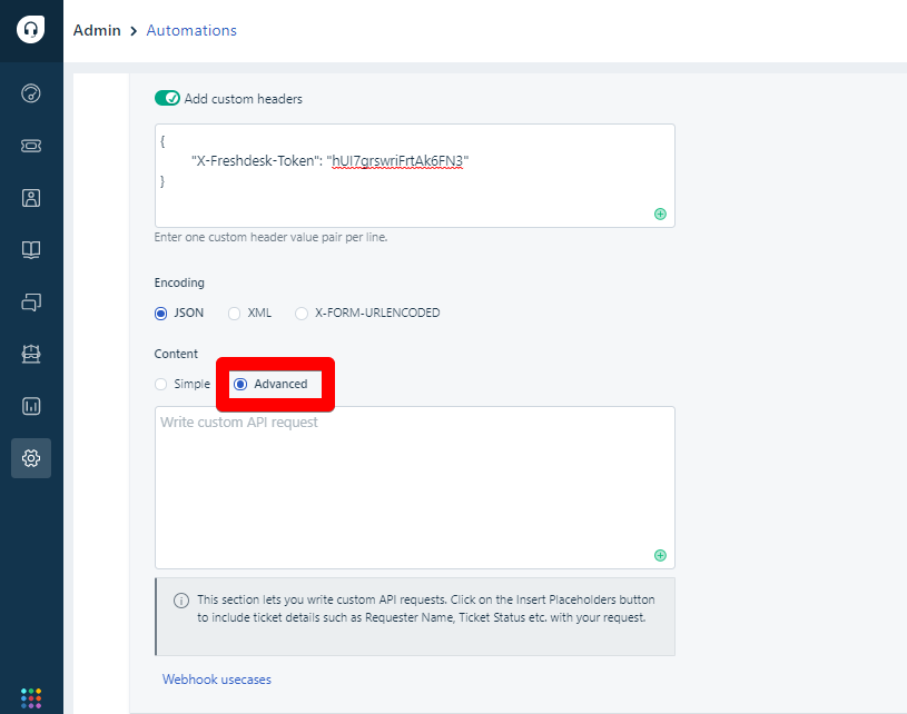 Advanced button under Content in Freshdesk automations 