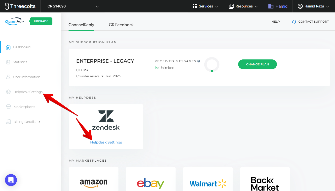 Helpdesk Settings Links on the ChannelReply Dashboard