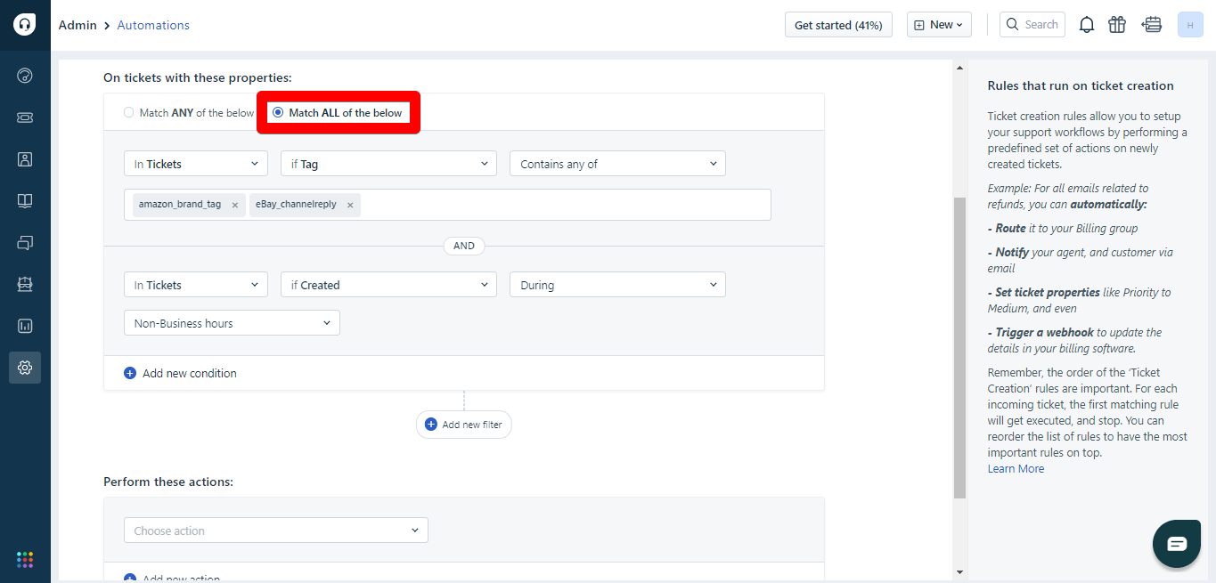 Match all of the below checkbox in Freshdesk automations