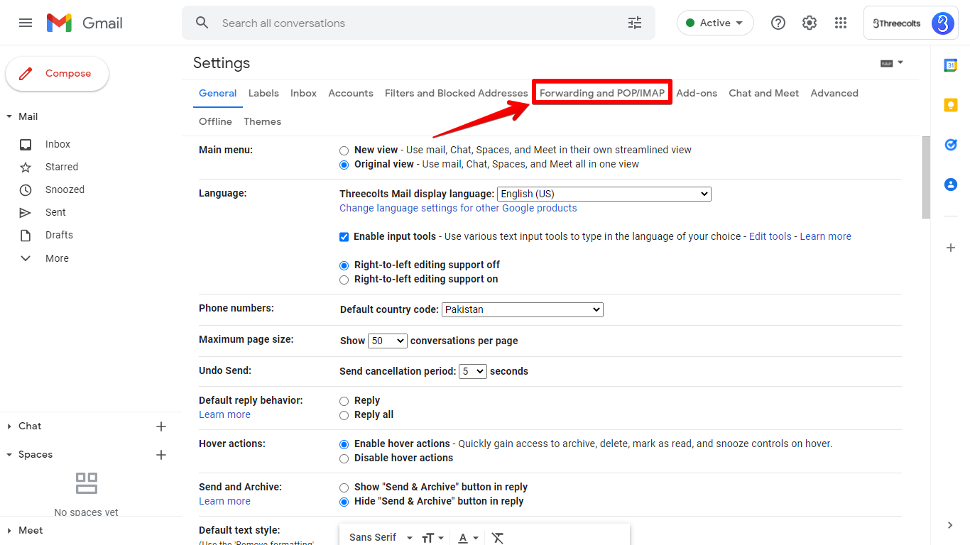 Forwarding and POP/IMAP tab