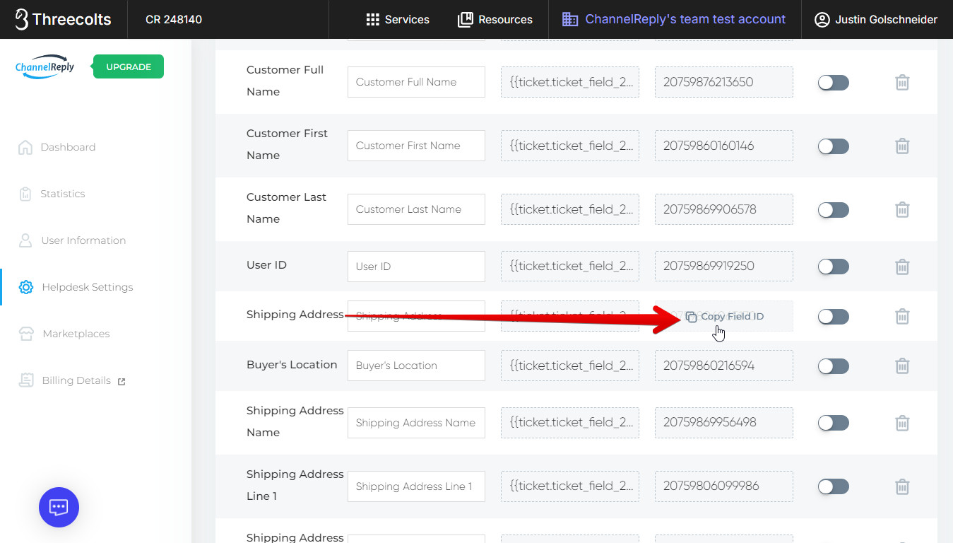 Copying the Field ID for the Shipping Address custom field