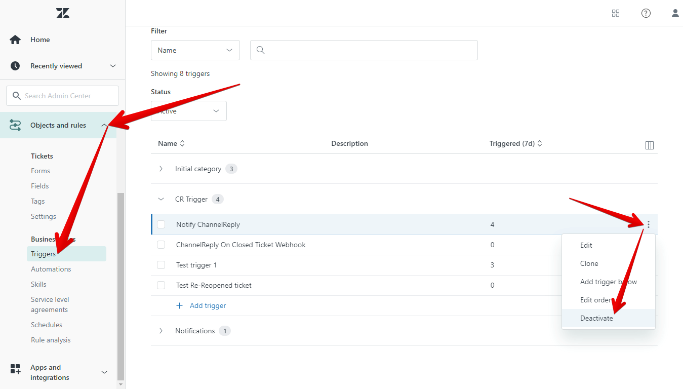 Zendesk Admin Center with an arrow on "Objects and rules" and the other one on "Triggers."