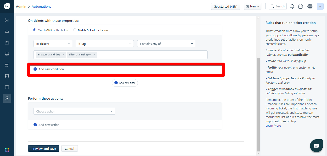 Add new condition button in Freshdesk automations