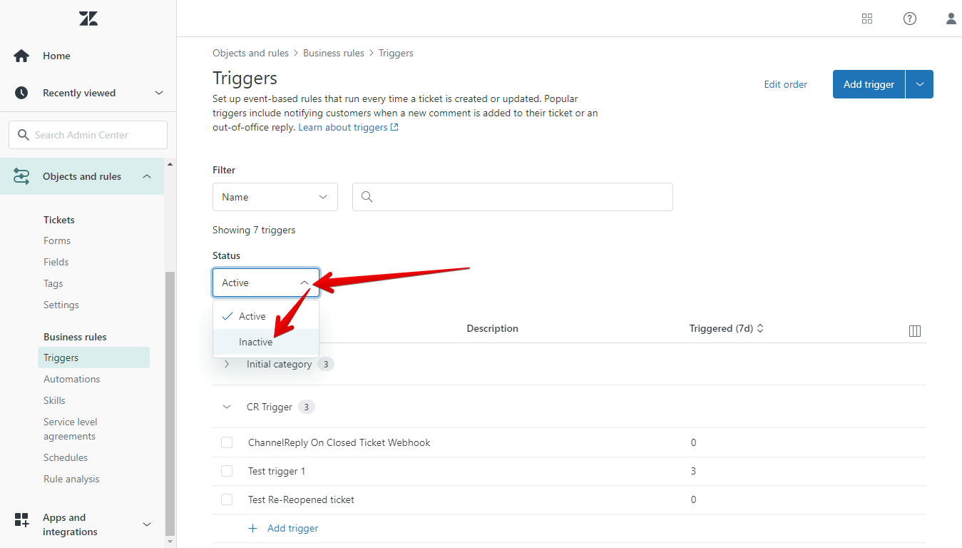 Zendesk Admin Center with one arrow pointing towards "Inactive," the other towards "Notify ChannelReply," and the third towards the three dots. 
