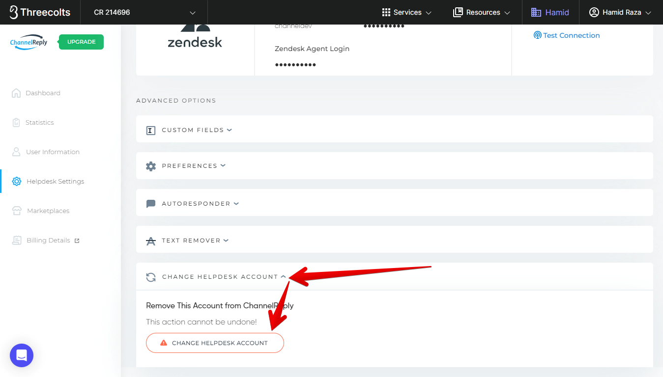 Pointer towards the Change HELPDESK Account button