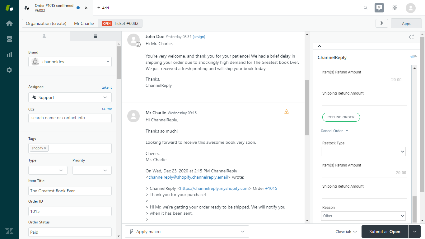 Cancel, Refund and Restock Actions