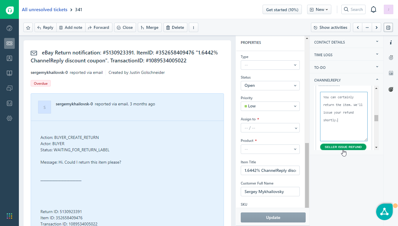 Issuing an eBay Refund in Freshdesk