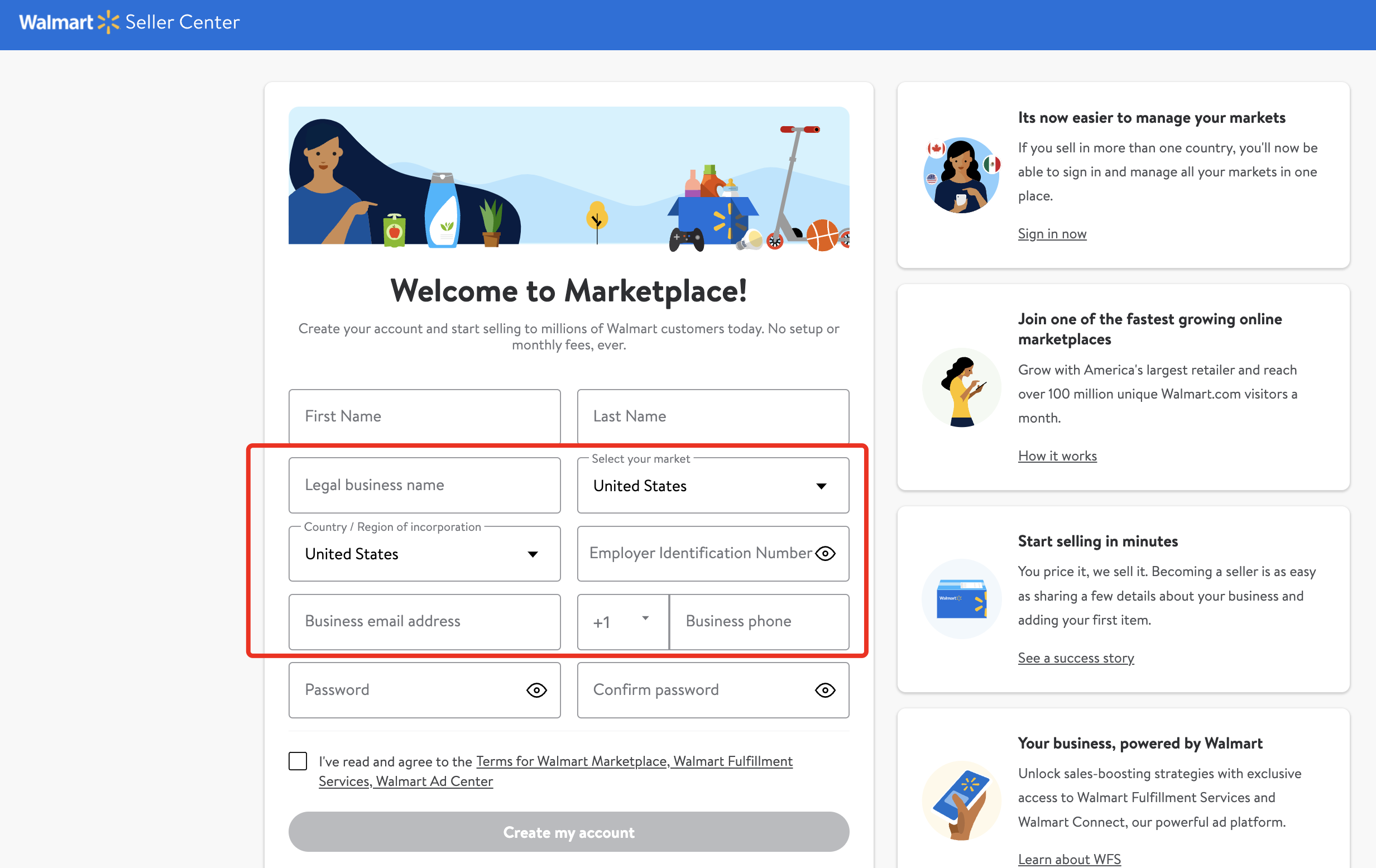 Walmart signup page with business info needed boxed