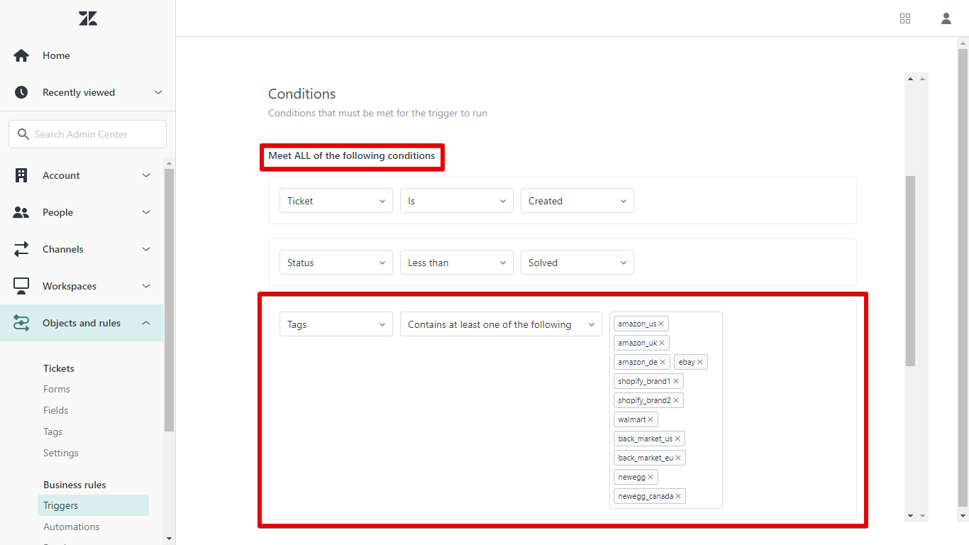 Tags settings for a Walmart, Shopify, Newegg, Back Market, eBay and Amazon autoresponder in Zendesk