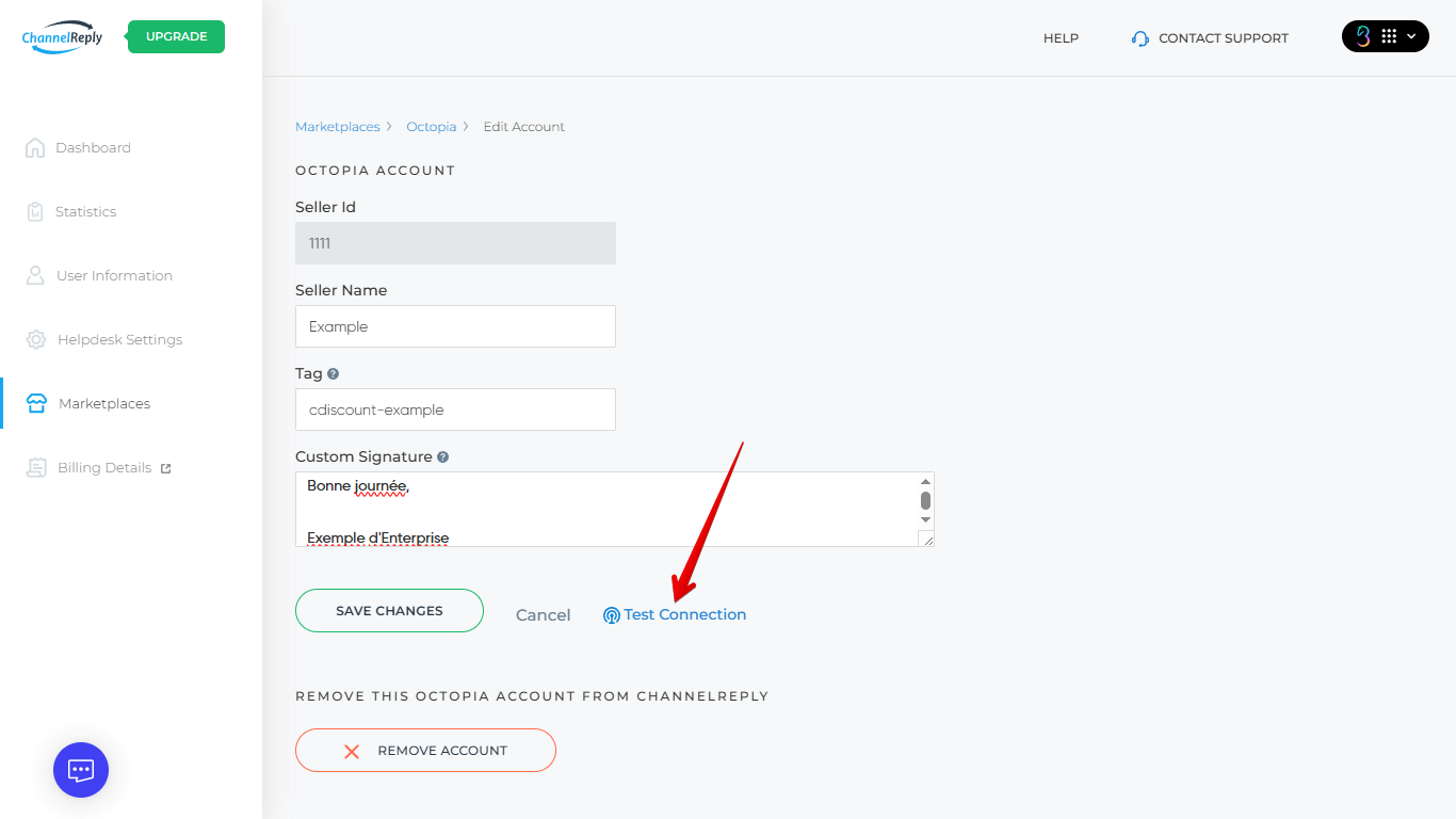 Test Connection button near the bottom of Octopia Account settings