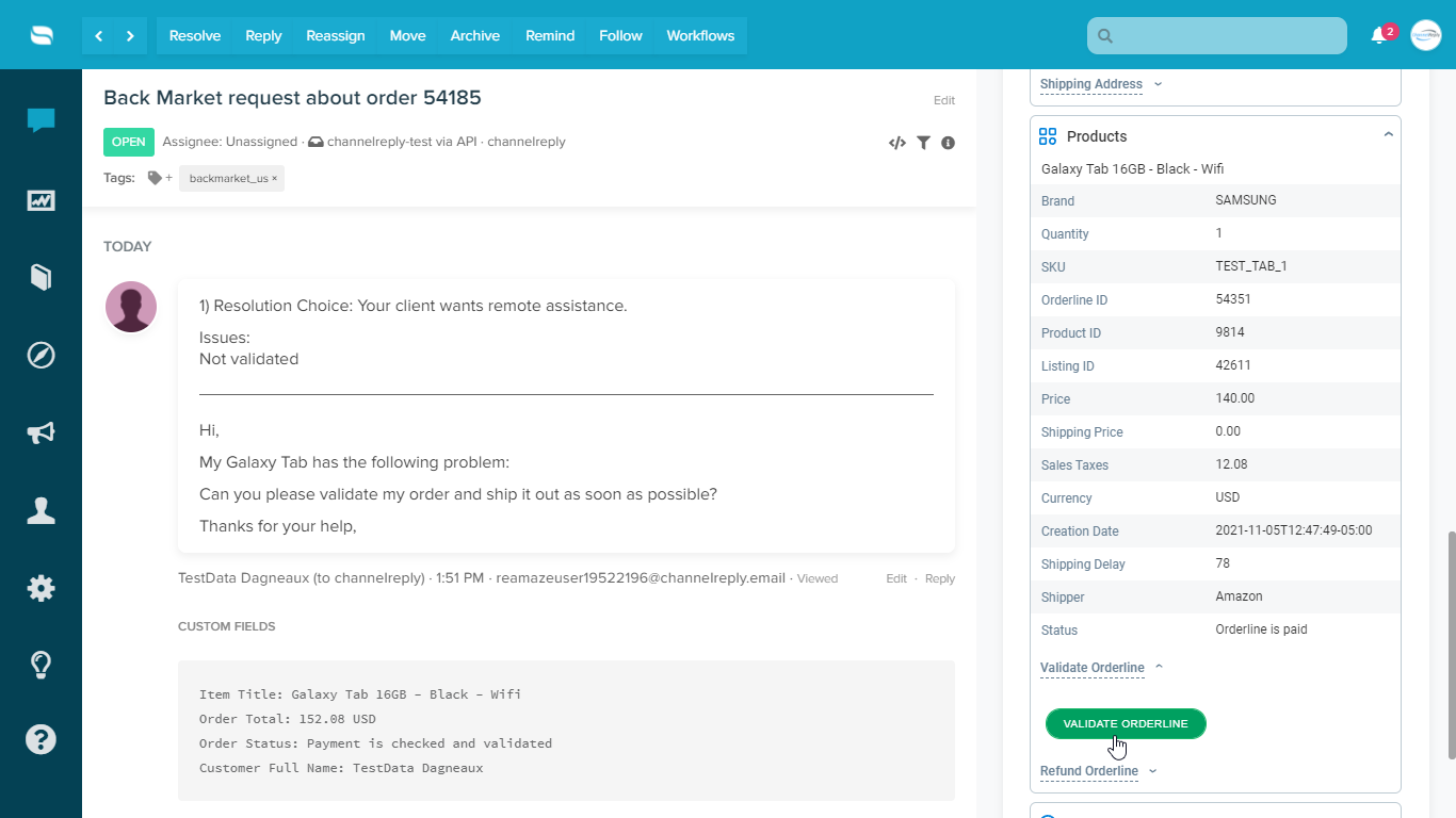 Validating a Back Market orderline in Re:amaze