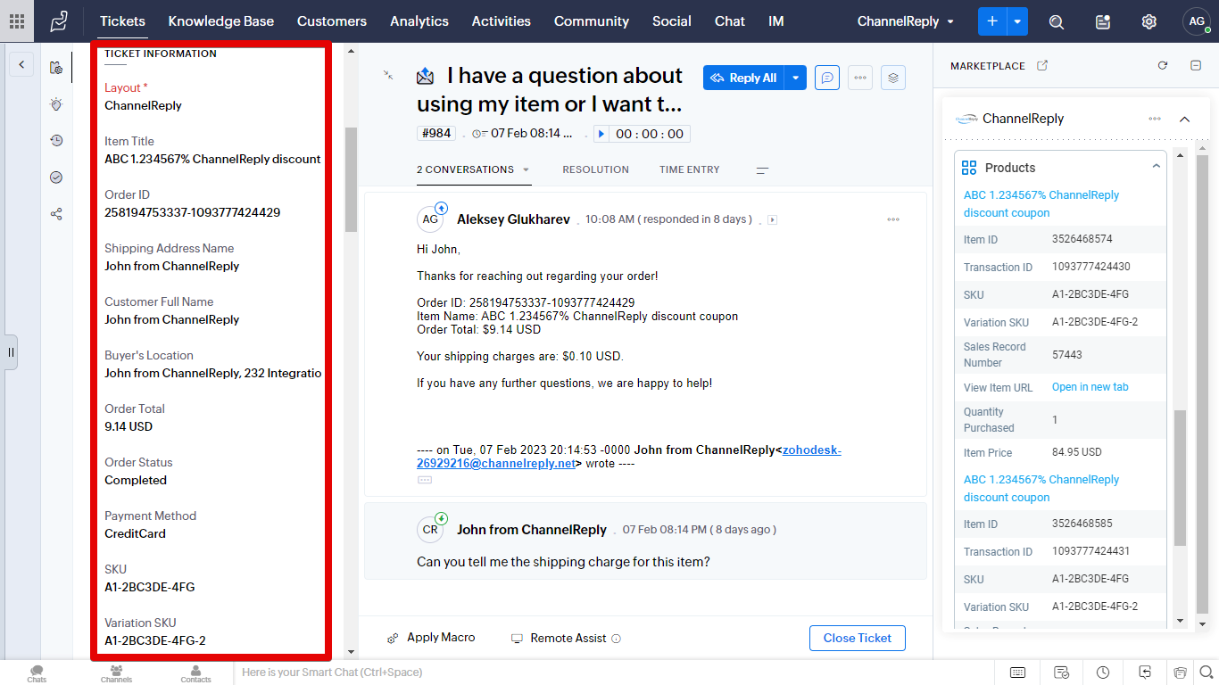 ChannelReply custom fields in the Ticket Information section of the Zoho Desk sidebar