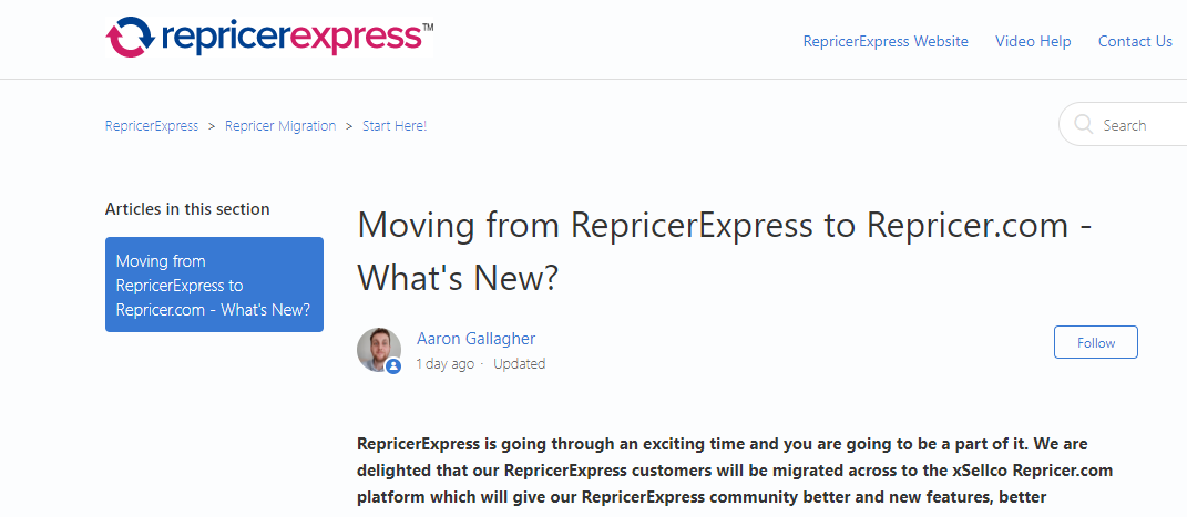 Screenshot of “Moving from RepricerExpress to Repricer.com - What’s New?” by Aaron Gallagher on RepricerExpress
