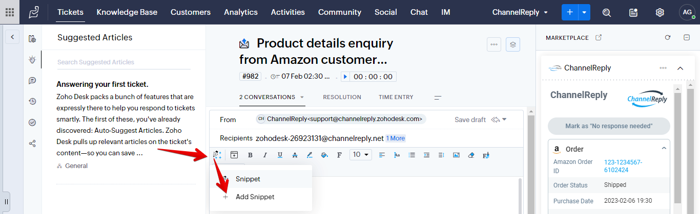 Snippet icon and Add Snippet button