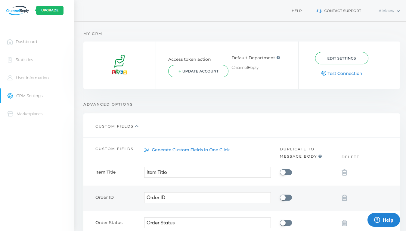 Zoho Desk Custom Field Options under Advanced Options in CRM Settings