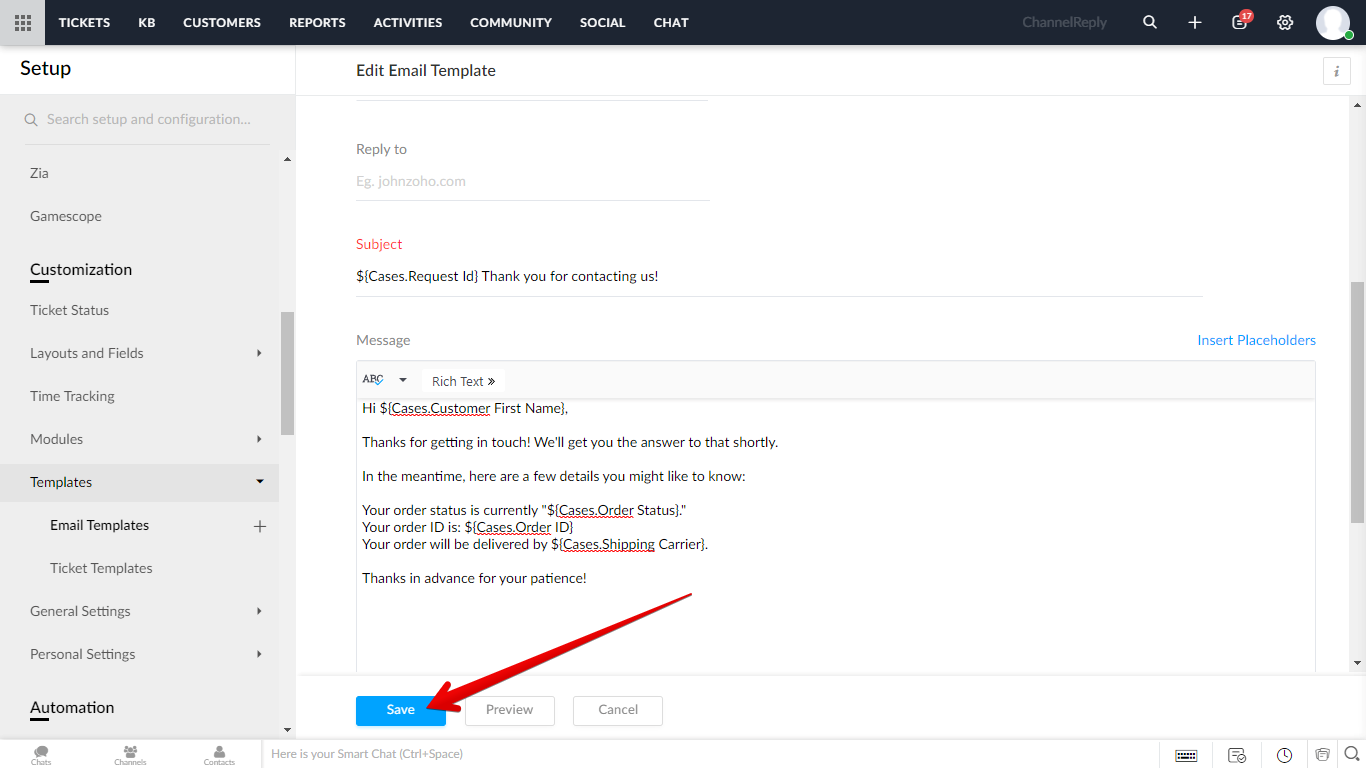 Save button on an email template