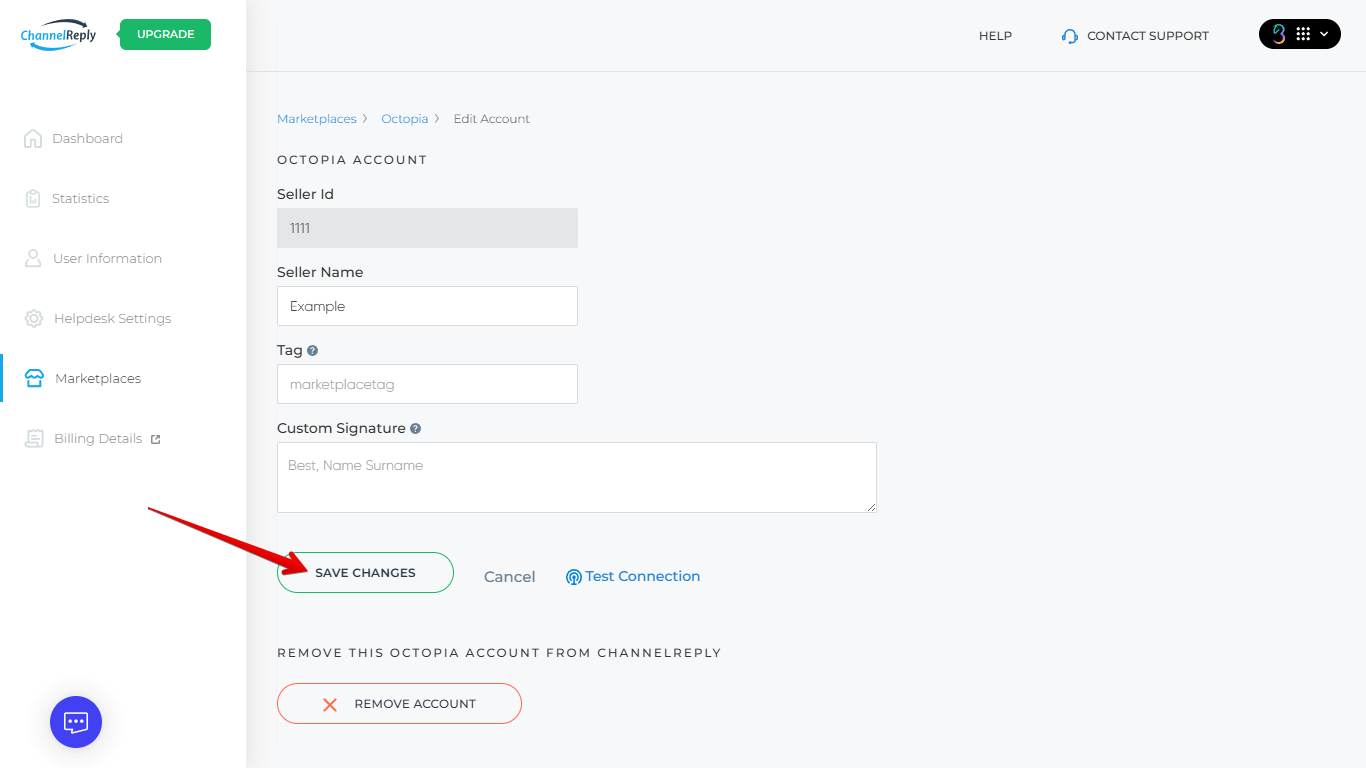 Save Changes button for Octopia Account settings