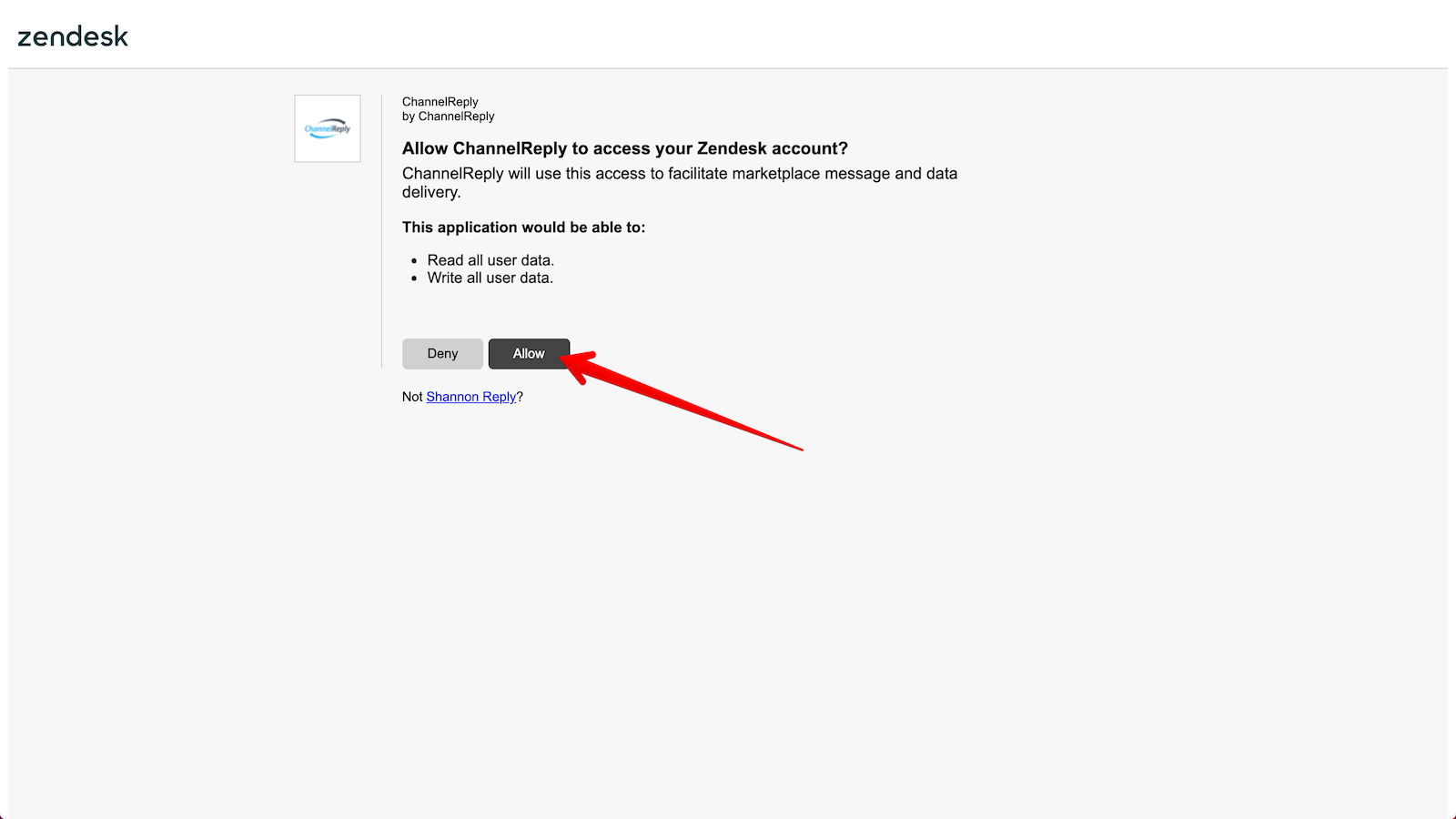 Authorization Screen for Giving ChannelReply Access to Zendesk