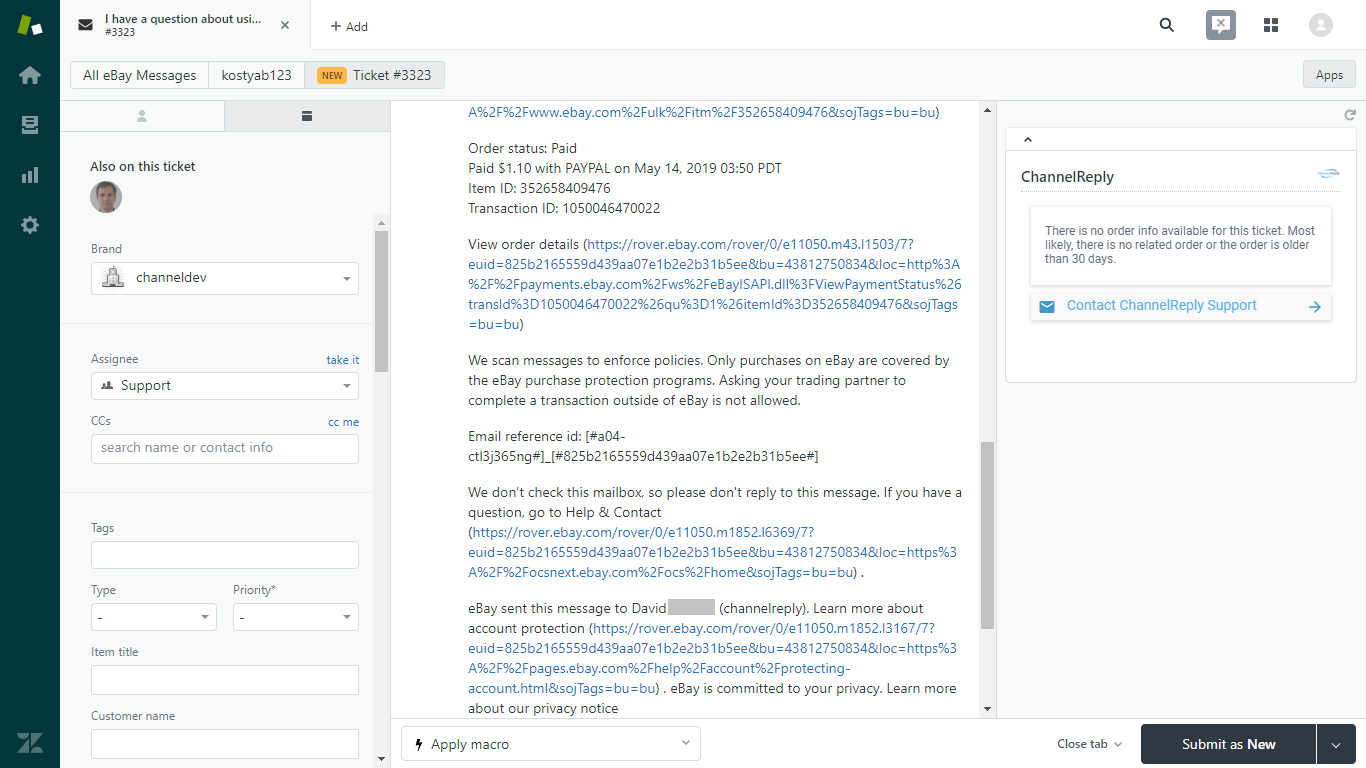 eBay Ticket in Zendesk Without ChannelReply, Screen 2
