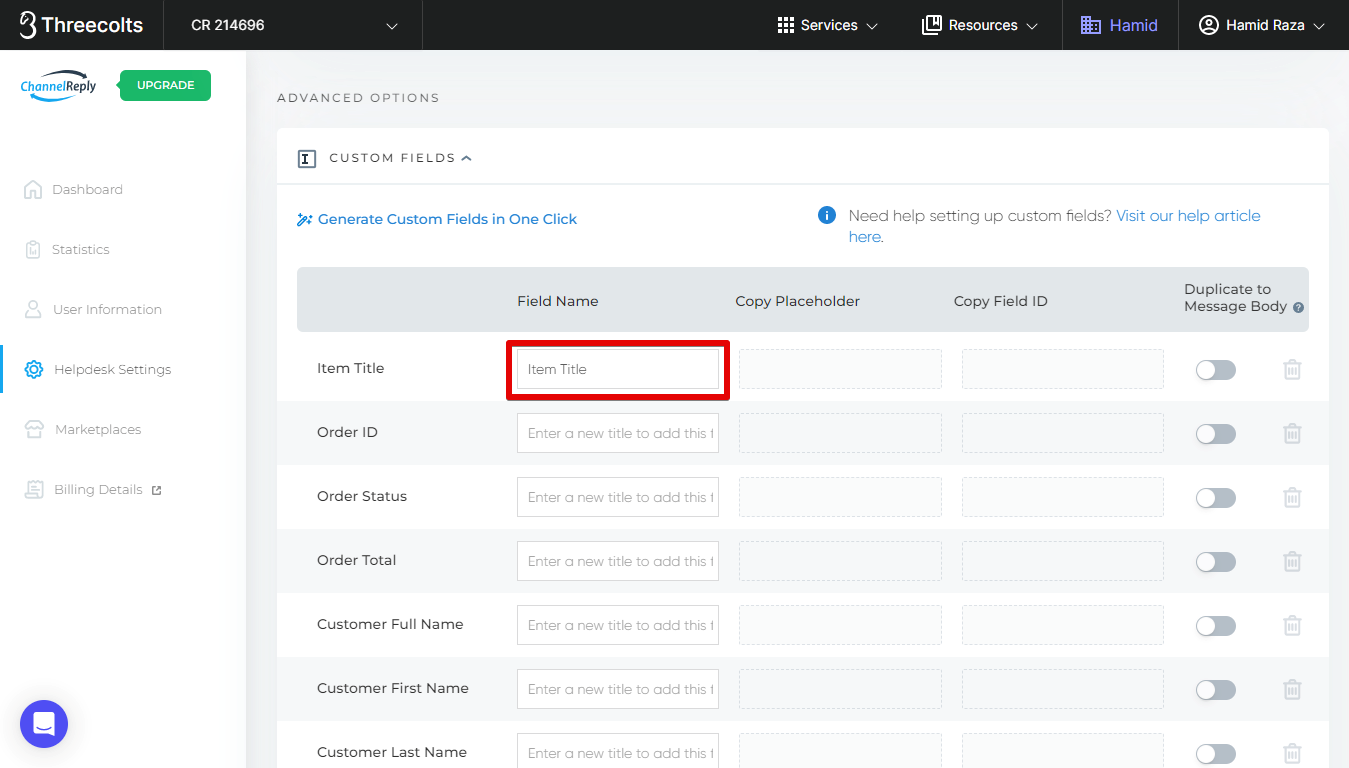 Entering a Custom Field Title