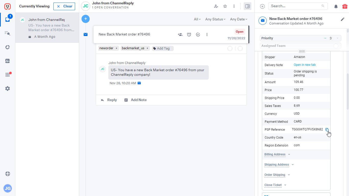 Back Market customer message in Kustomer with PSP reference field in ChannelReply