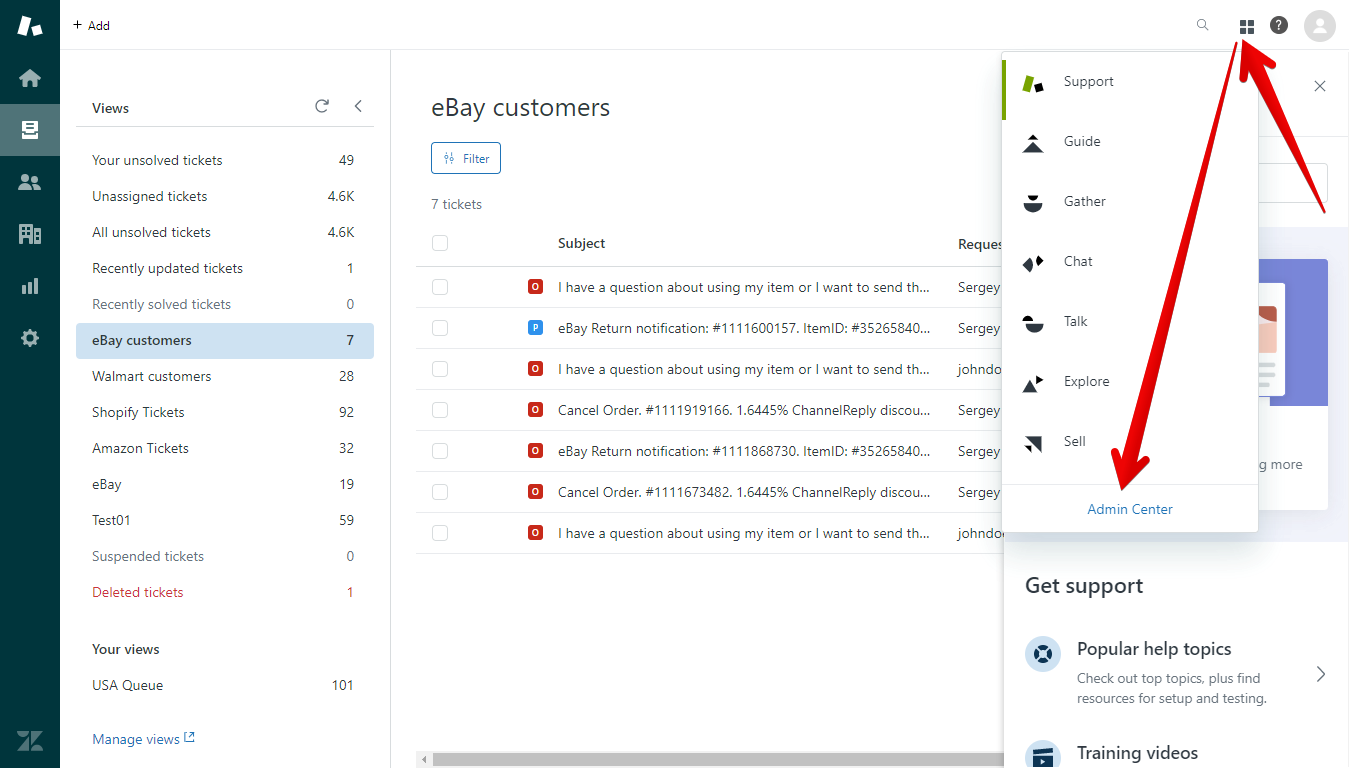 Products Menu and Admin Center Link in Zendesk