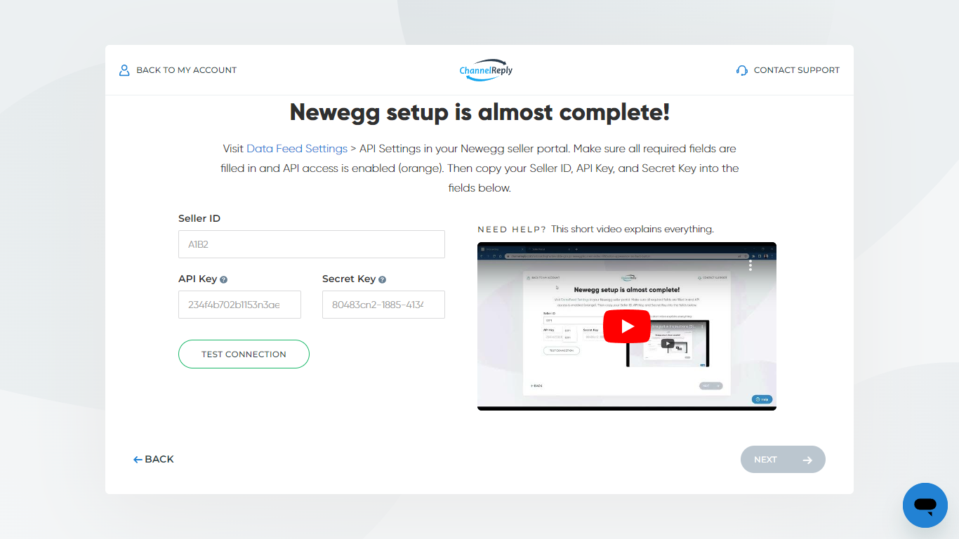 Newegg API Credentials Screen in ChannelReply