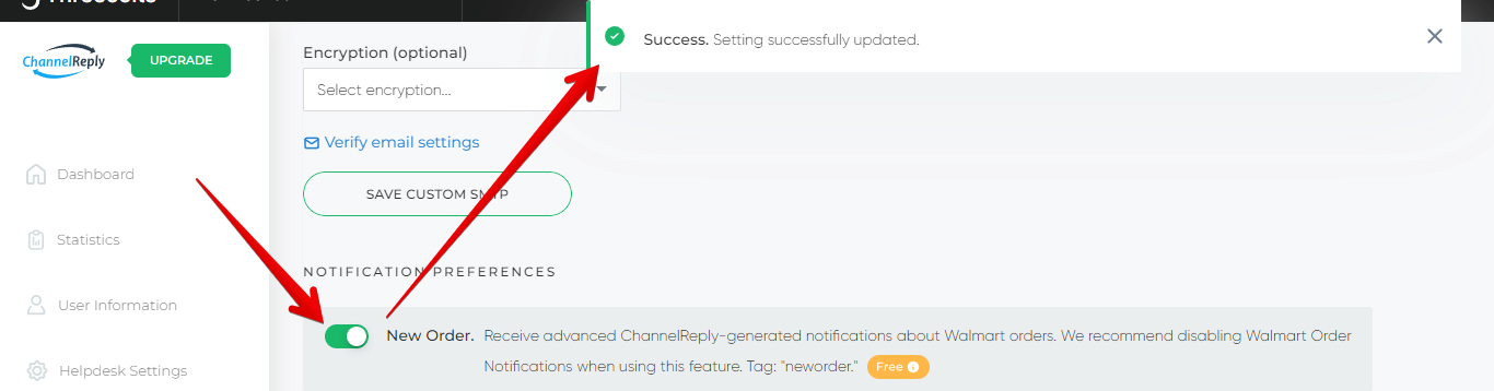 New Order Enabled (Green Slider with the Knob on the Right)