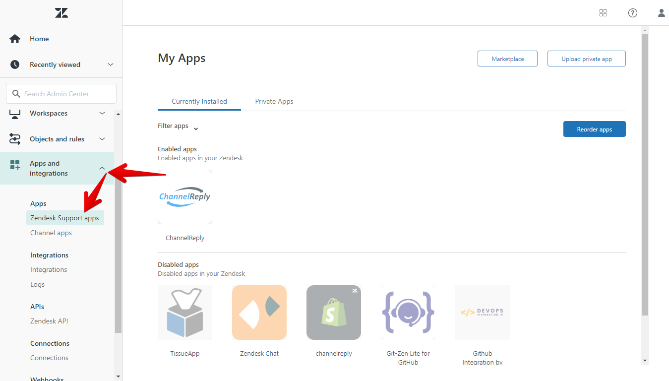 Zendesk Admin Center with arrow pointing towards Apps and integrations and Zendesk Support apps.