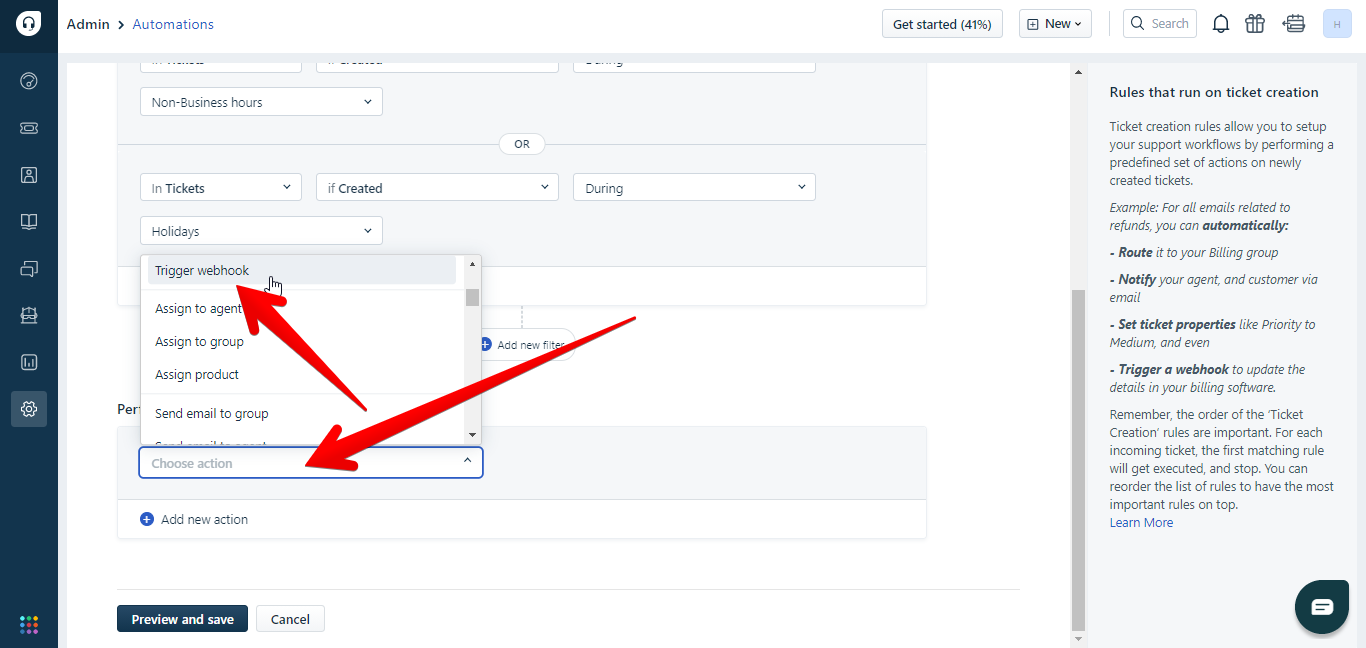 Choose Trigger Webhook from actions in Freshdesk automations
