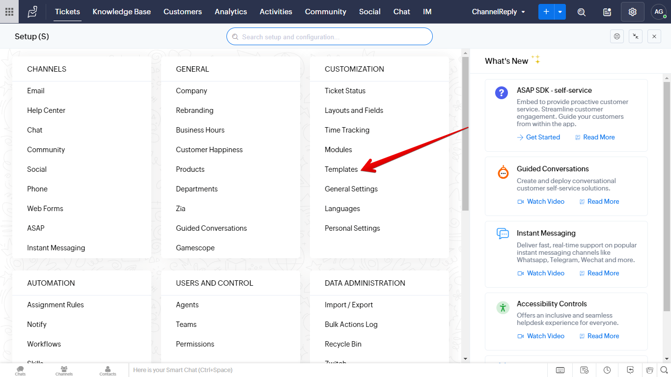 Templates under Customization in Zoho Desk Setup