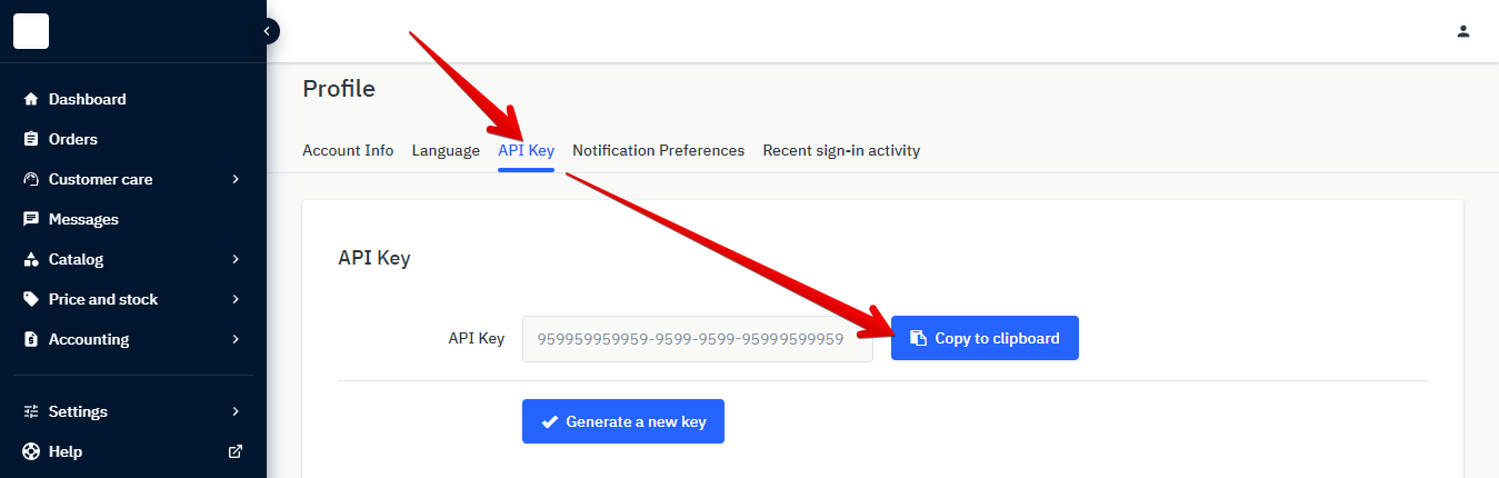 API key and copy to clipboard button in Mirakl