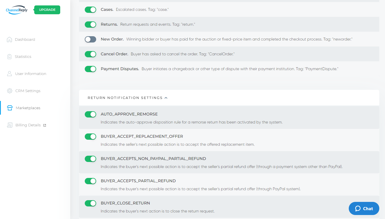 eBay Return Notification Settings in ChannelReply