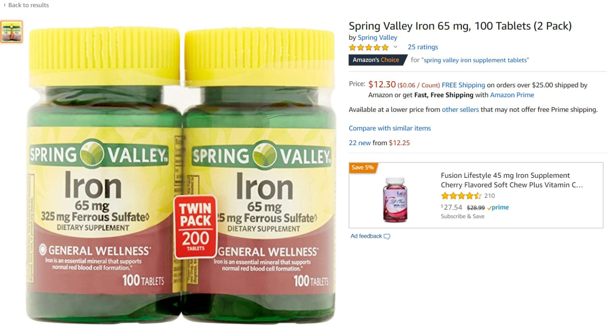 Spring Valley Iron Supplements on Amazon