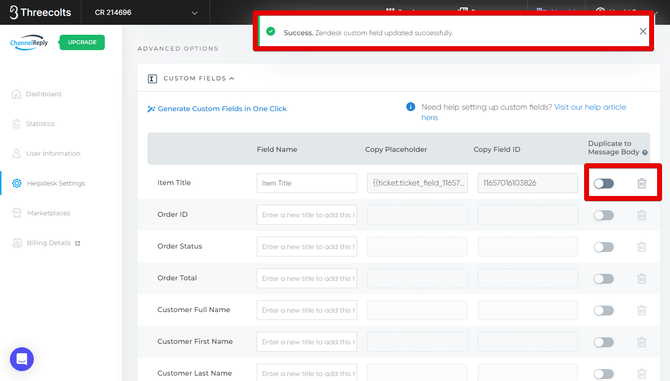 Custom Field Saved Success Notification